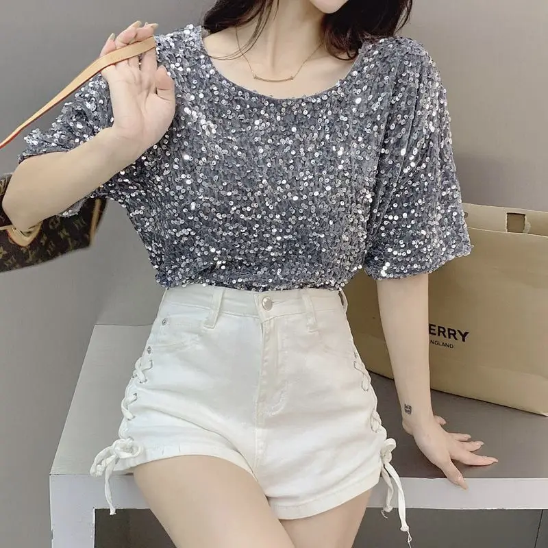 Casual Streetwear Short Sleeve Sexy Crop Tops Elegant Lady T-Shirts O-Neck Blusa Women Fashion Party Glitter Sequin Shirt