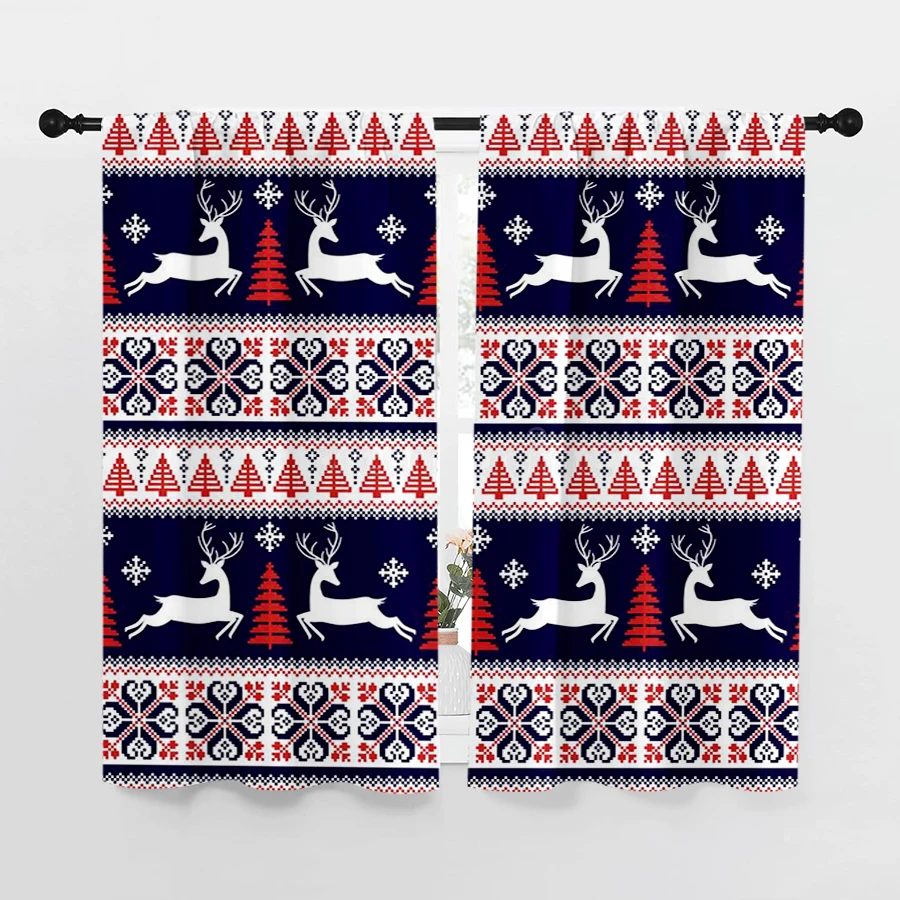 2PCS Christmas Curtains, Navy Fair Isle Reindeer, Digital Print, Bedroom Living Room Kitchen, Rod Pocket Polyester, Home Decor