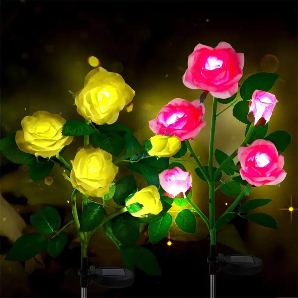 أضواء وردية تعمل بالطاقة الشمسية مكونة من 5 رؤوس، مصباح حديقة LED على شكل زهرة صناعية خارجية، مصباح حصة للمناظر الطبيعية المقاومة للماء لديكور المنزل في الفناء #3