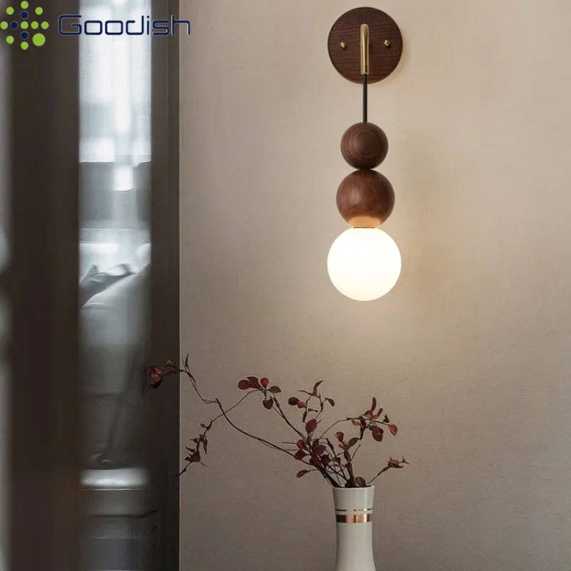 Vintage Bronze Adjustable Walnut Wood Bedside Round Ball G9 LED Wall Lamps Lustre Lights for Bedroom Home Decoration Chandelier