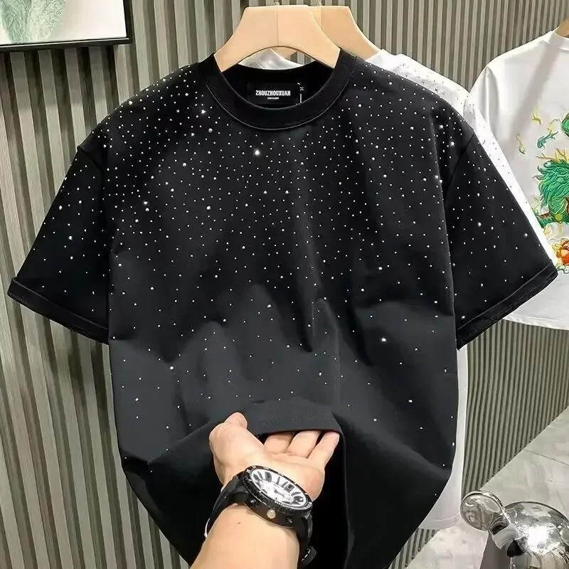 

Summer Men Clothing Summer Rhinestone Rivet T-shirt Round Neck Casual T-shirt Korean Version Men's Short Sleeves Tee