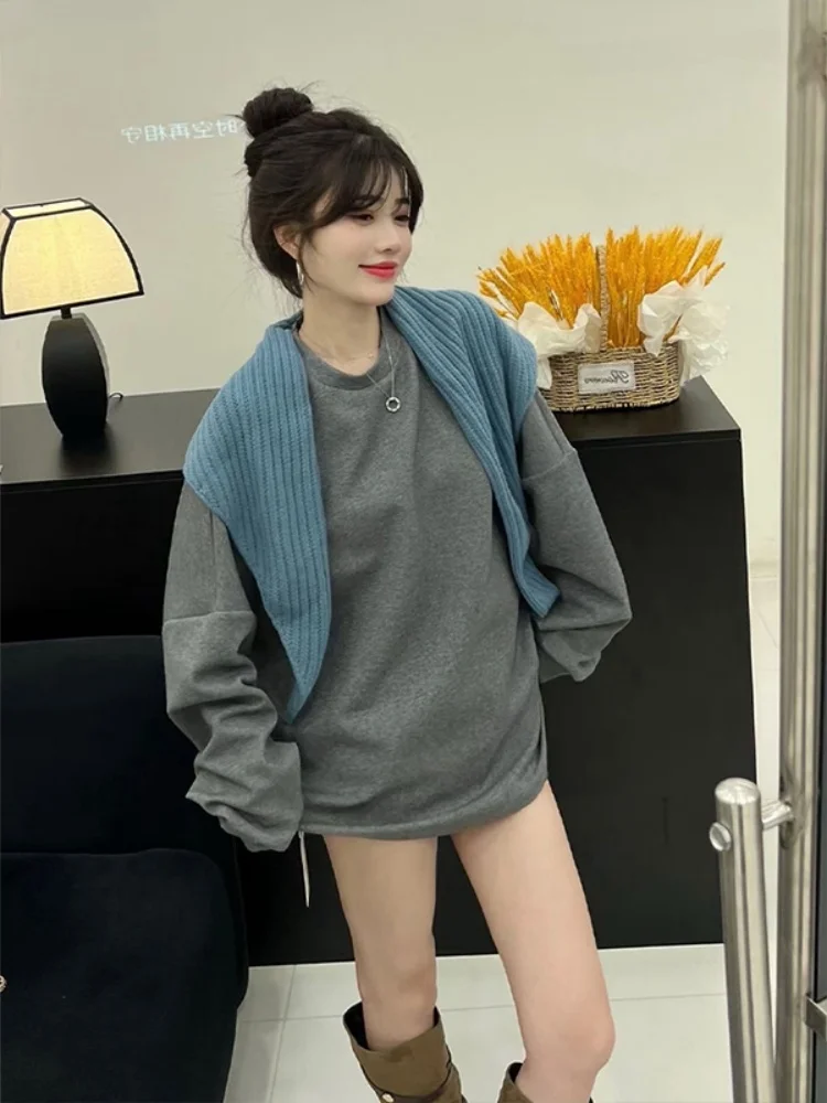 เสื้อสเวตเชิ้ตดีไซน์เกาหลี แขนยาว ผู้หญิง ฤดูใบไม้ร่วง ฤดูหนาว ทรงหลวม สไตล์ลำลอง ชุดสองชิ้น เสื้อเปิดไหล่