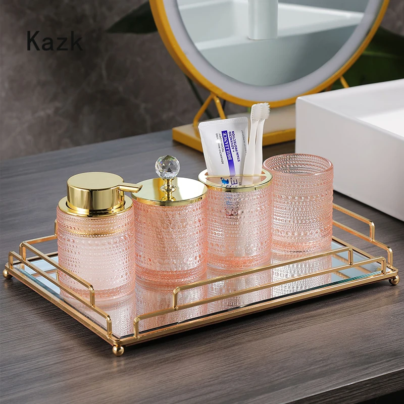 Pink Pearl Dot Glass Bathroom Accessories Set Light Luxury Press Type Foaming Dispenser Bottle Gargle Cup Storage Jar 4 Pcs Set