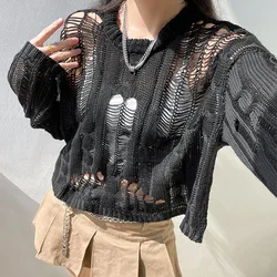 Hollow Out Pullovers Women Sexy Knitwear Top Black Chic Fishnet Loose Tops Long Sleeve Top Y2k Steetwear Women Clothing