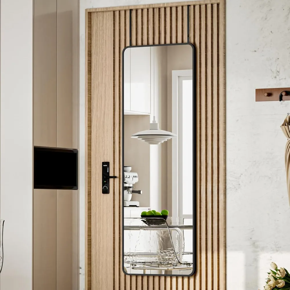 Full-Length Aluminum Frame Door Mirror with Adjustable Hangers for Hanging, 14x48 Inches, Height-Adjustable Body Mirror