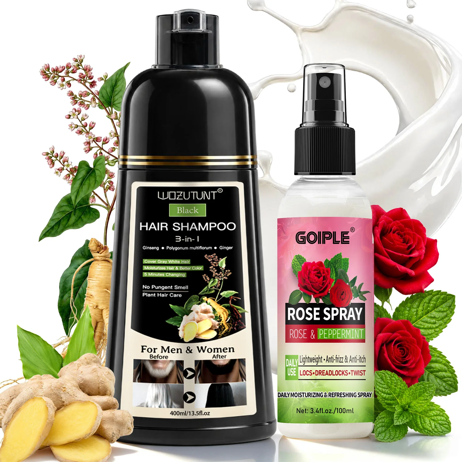 3-in-1 Black Hair Dye Shampoo for Gray Hair Coverage - Herbal Instant Hair Color with Ginseng & Ginger - Plus Rose & Peppermint Moisturizing Spray for Locs, Dreadlocks & Twist - Ammonia-Free & No Pungent Smell - 13.5 fl oz + 3.4 fl oz Set
