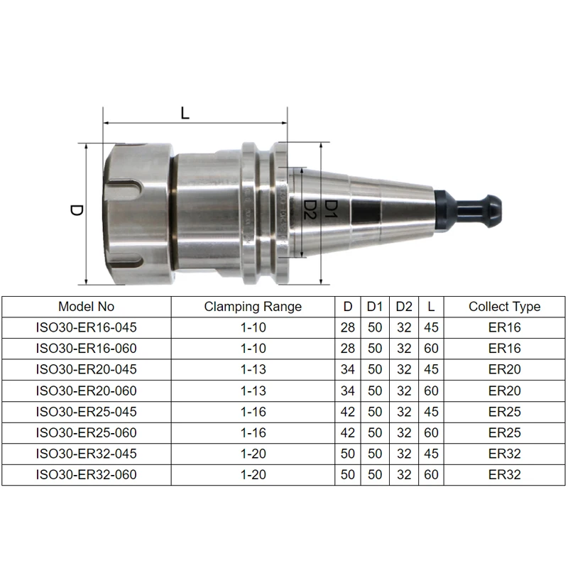 BT30 ISO30 Knife Shank Precision 0.002  ER11 ER16 ER20 ER25 ER32 45 60 70 100 L Tool Holder For CNC Machine Center ATC Spindle