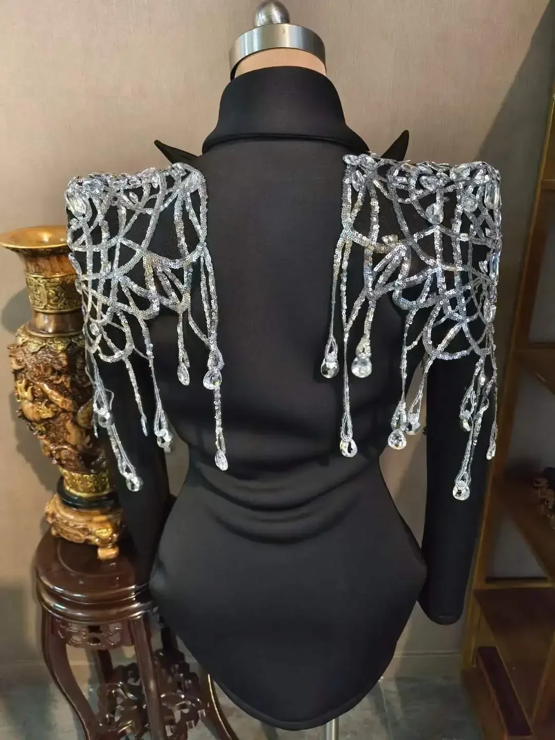 Sparkly Rhinestone Fringe Black Women Blazer Style Birthday Futuristic Drag Queen Outfit Stage Singer Performance Costume