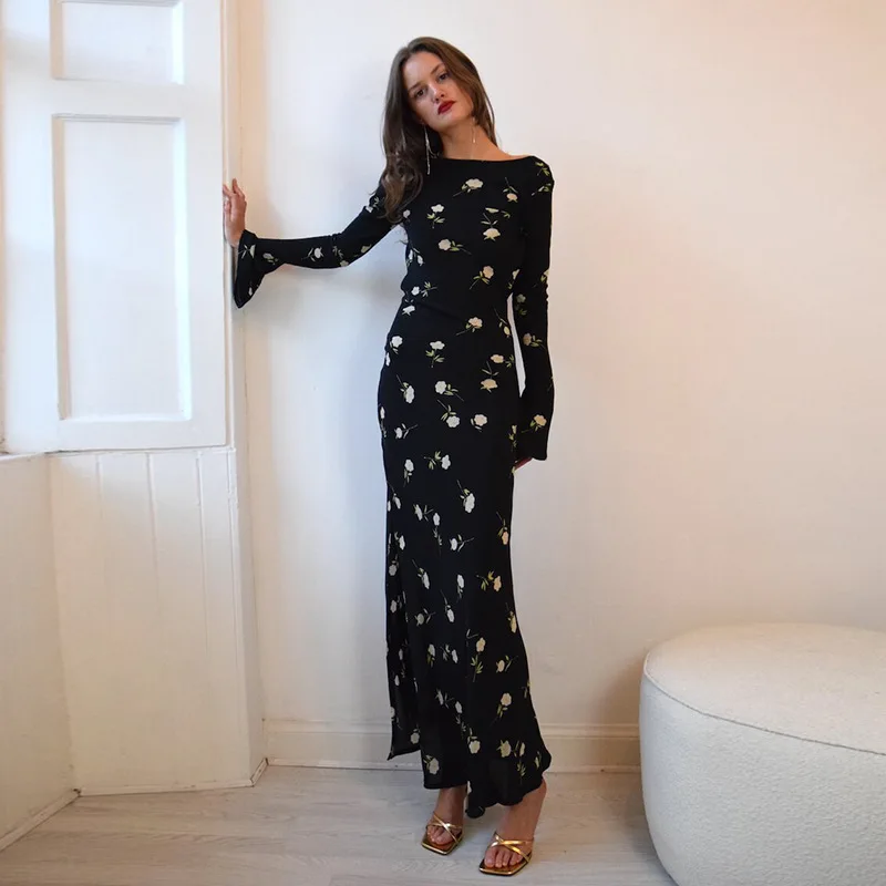 

Printed One Collar Backless Swing Collar Flared Sleeve Dress With Fashionable Temperament And Sexy Slit Skirt