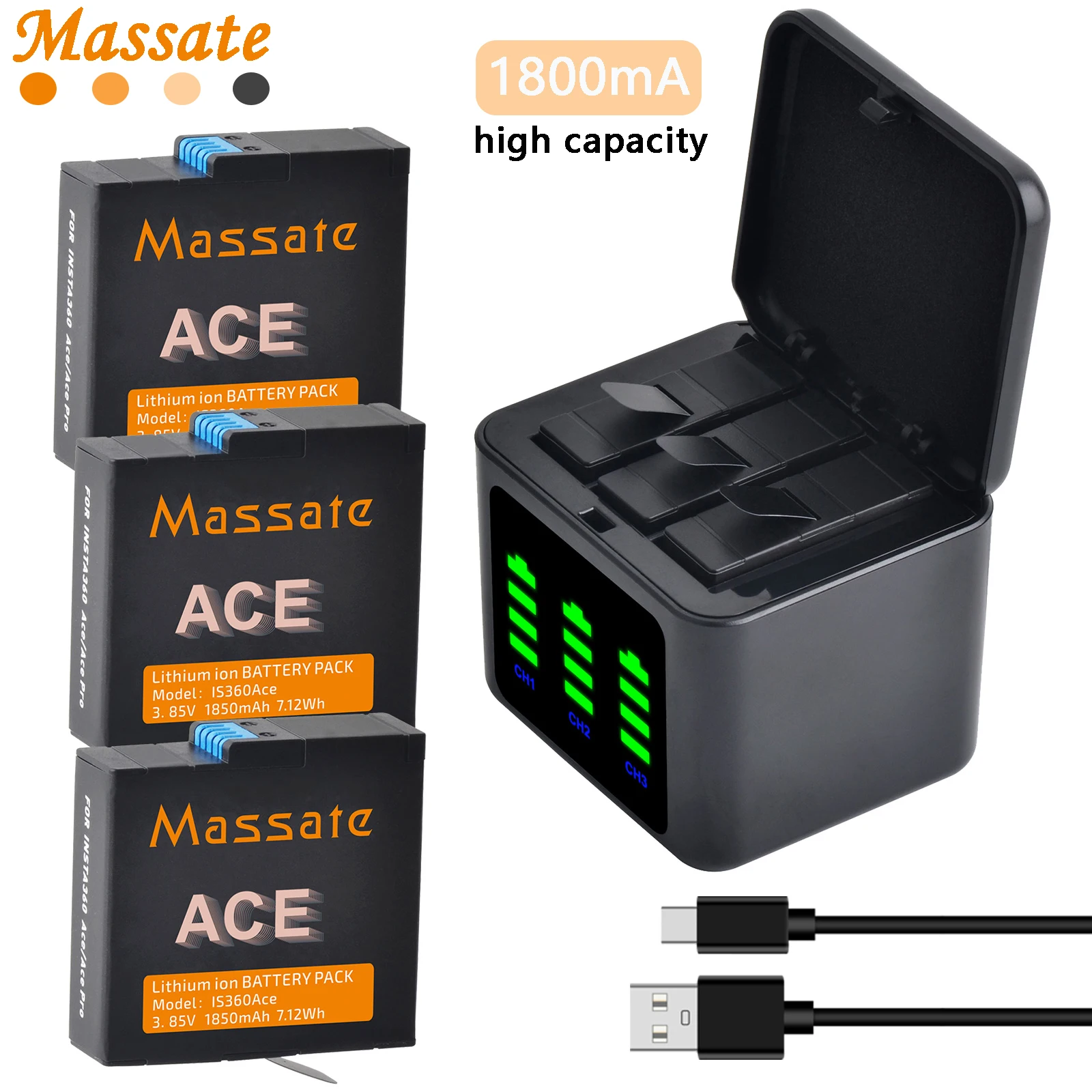Massate Insta360 Ace Battery+Portable 3 Channel Battery Charging Storage Station For Insta360 Ace Insta360 Ace Pro Accessories