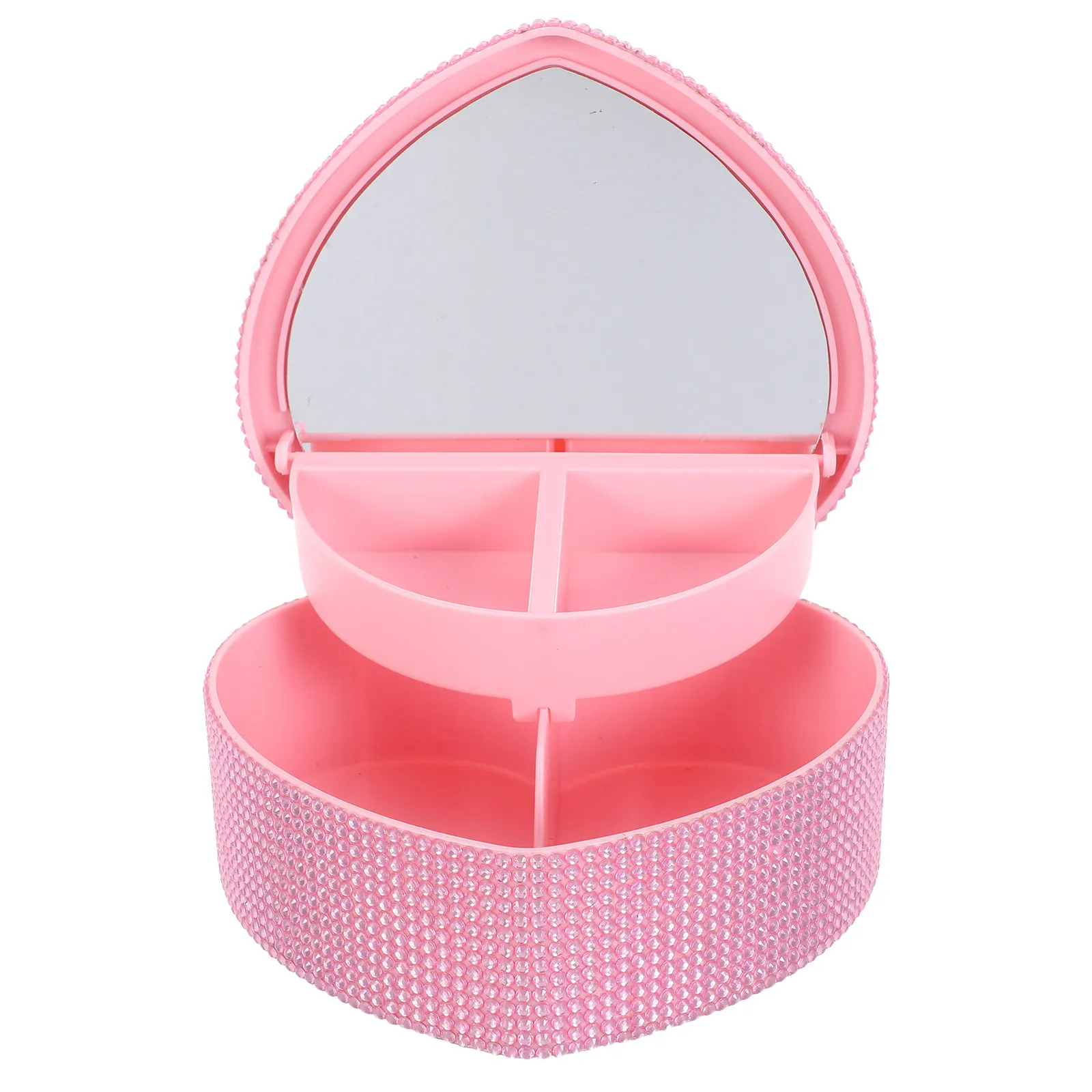 

Heart-Shaped Jewelry Box Sparkling Rhinestone Design Double Layer With Mirror For Earrings Necklaces Storage Plastic Organizer