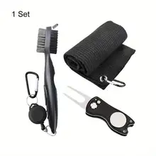 1 Pc Black Golf Towel Microfiber Waffle Pattern Golf Towel (30*30cm, 12*12in ) | Club Groove Cleaner Brush | Foldable Divot Repa 1