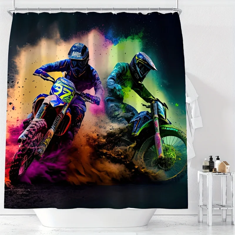 Colorful Motorcycle Racer Print Shower Curtain - Waterproof, Machine Washable with Hooks Included - Perfect for All Seasons