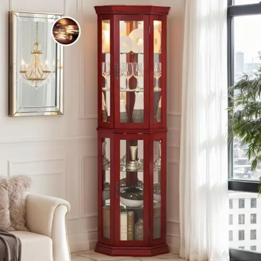 Corner curio cabinet with light bulb, tempered glass doors and shelves, floor-standing wine storage rack for bar and liquor dis