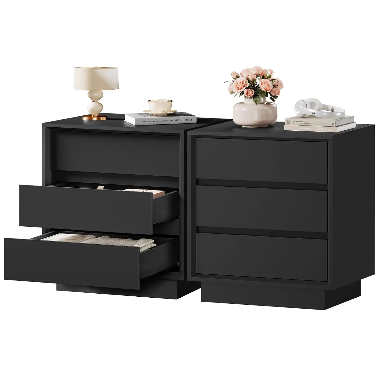 Bedside Nightstand Set of 2 with 3 Drawers & Cut-Out Handle, End Table for Bedroom, 17.7