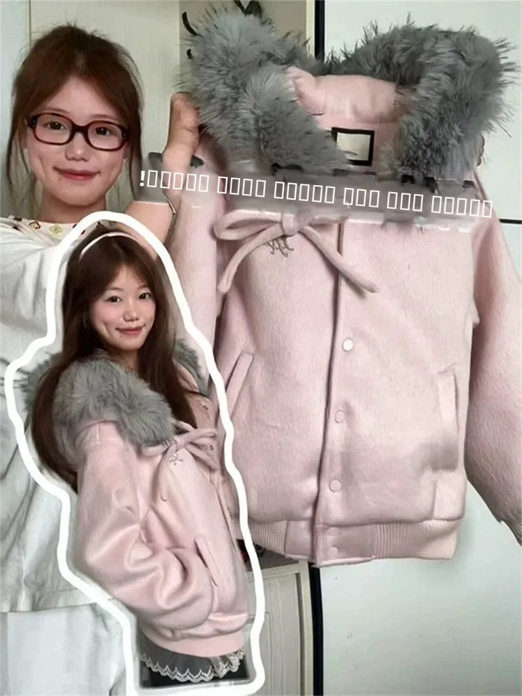 

Korean Sweet Sle Pink Bowknot Fur Collar ort Coat Women Winter Loose Super Beautiful Open Cardigan Top Girl's Outerwear