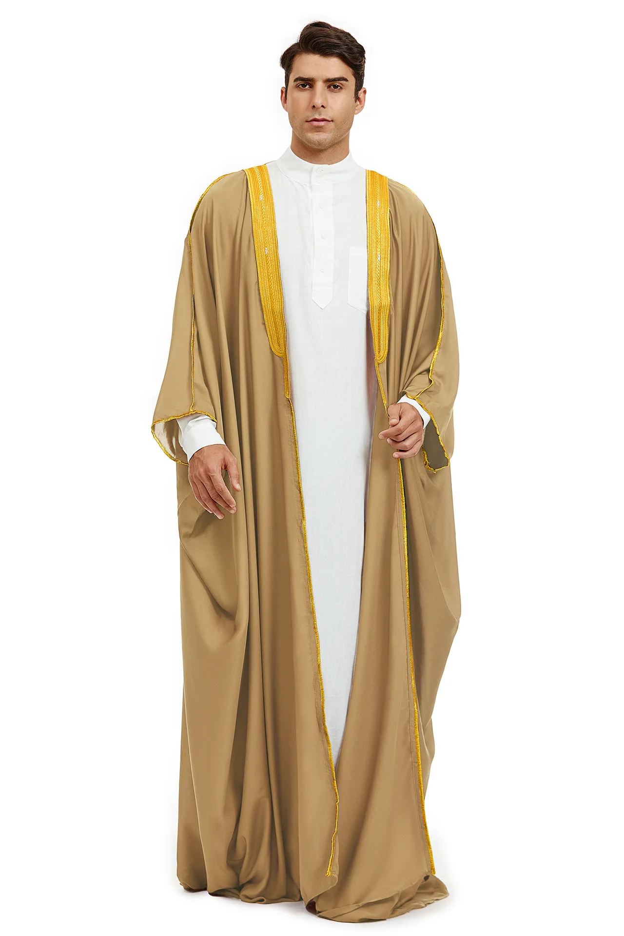 Uomini Bisht Abaya Modesto Musulmano Thobe Jubba Abito Raso Ricamo Caftano Abbigliamento Islamico Abito Arabo Eid Mantello di Preghiera Caftano Saudita