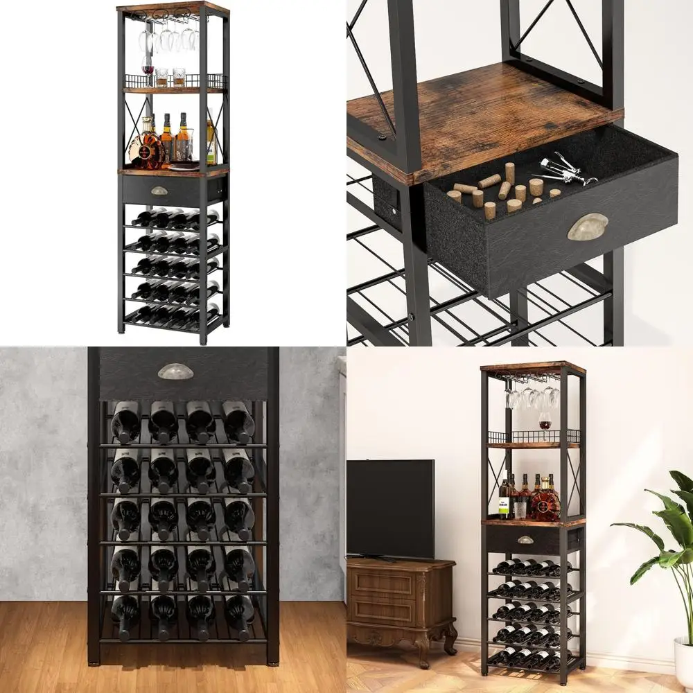 

Freestanding 4-Tier Wine and Liquor Cabinet with Glass Holder, Drawer, and Tabletop Storage for Living Room