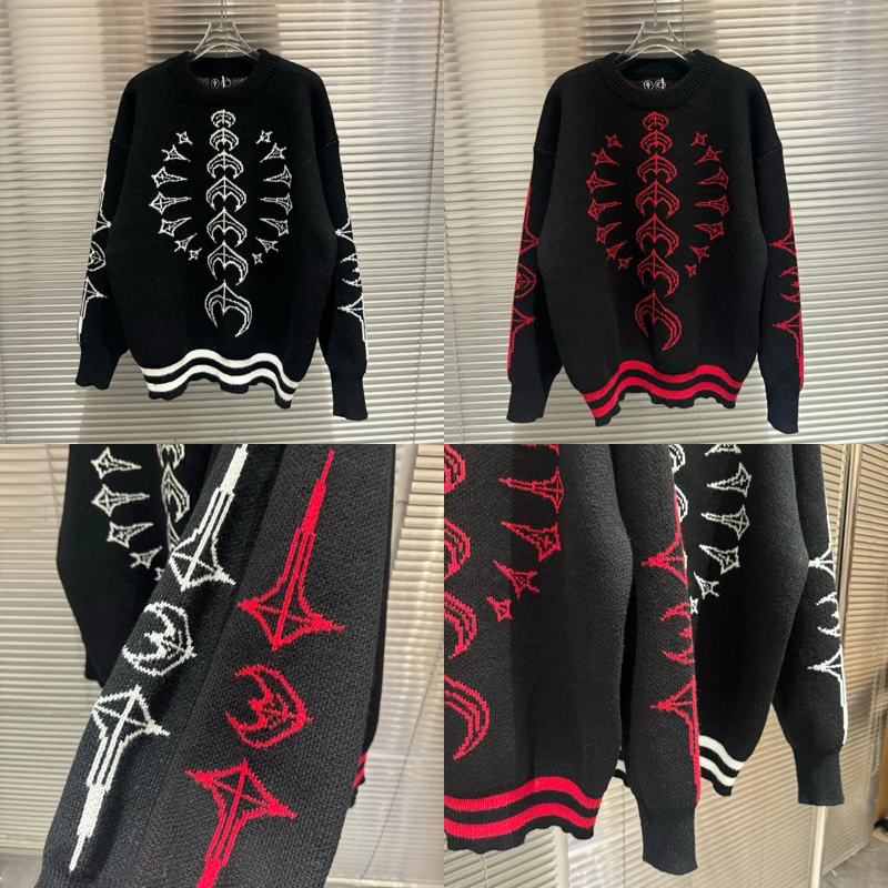 

Thug Club Sweater Pullover Star Moon Logo Keel Patchwork Knitted Long-sleeved Loose Casual THUG CLUB Pullover Unisex
