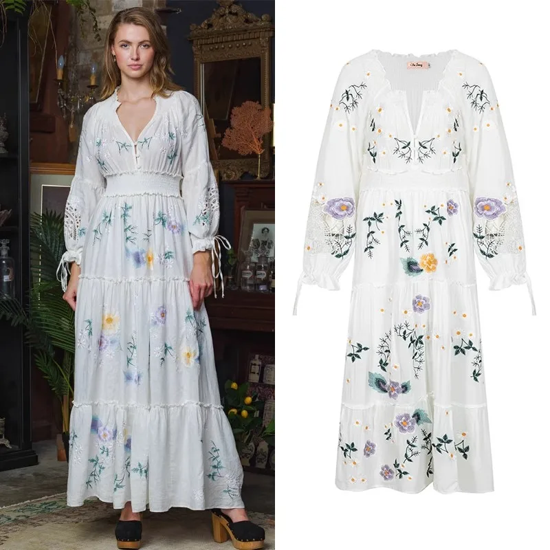 Luxo Floral Bordado Vestido Longo Mulheres Primavera Cintura Elástica Uma Linha Impresso Vestidos Bohemian Retro V Neck Lanterna Manga Robe