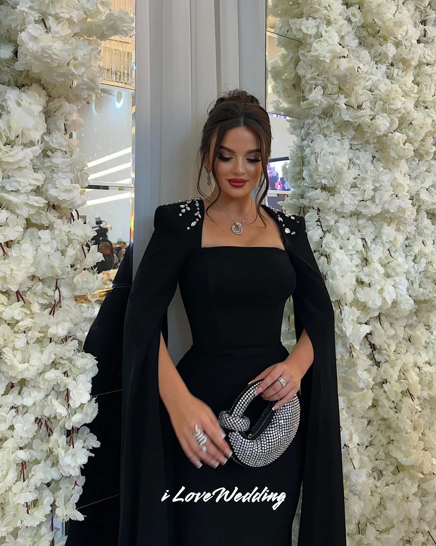 Black Square Neck Evening Dresses 2025 Cap Sleeves Mermaid Crystal Pleated Floor-Length Dresses for Special Occasions Customized image 4