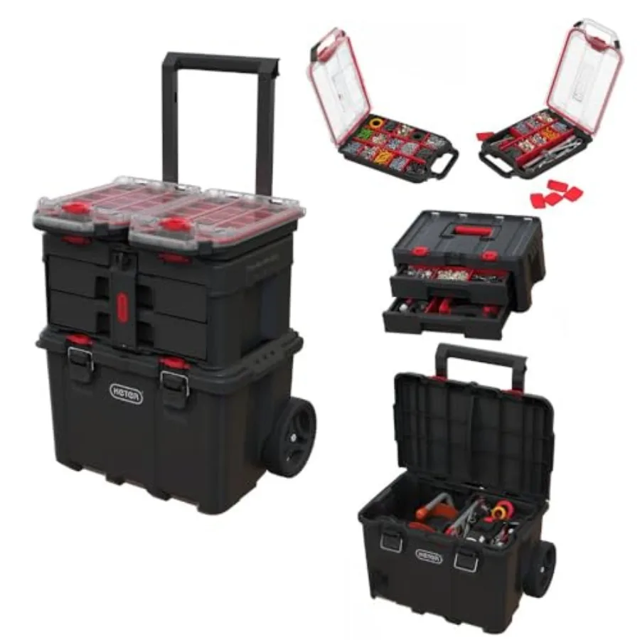 

Система хранения инструментов на колесах Stack N Roll, 4 элемента: большой инструментальный ящик на колесах, 2-секционный ящик для инструментов и 2 модульных органайзера-лотка.