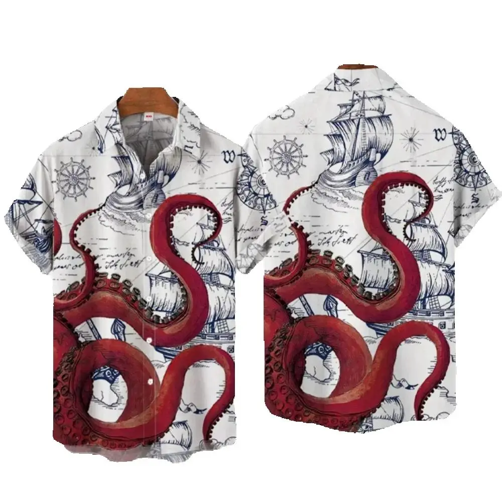 Vintage Men's Shirt Octopus Graphic Print Shirt For Men Casual Short Sleeve Top Hawaiian Shirts Men Lapel Oversized Men Clothing