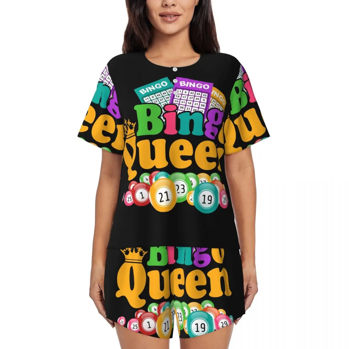 Custom Bingo Queen Game Lover Pajamas Set for Women 2 Piece Short Sleeve Sleepwear Loungewear PJ Shorts Sets