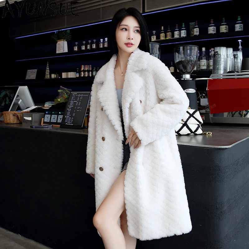 

AYUNSUE 100% Sheep Shearing Jacket Women Winter 2023 High Quality Wool Coats Double-breasted Mid-length Fur Coat Manteaux Femme