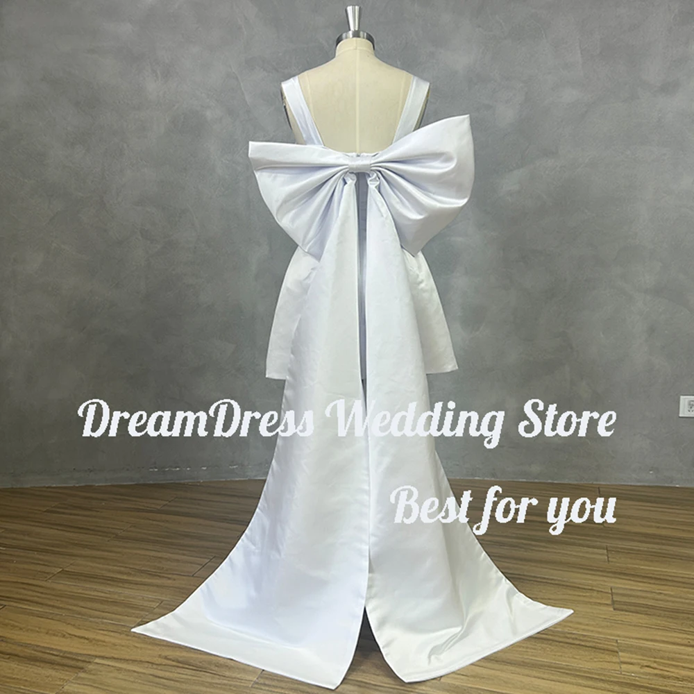 DREAM Customized Simple Straps Square Collar Satin Short Wedding Dress Backless Mini Above Knee Bridal Detachable Bow Gown 2024