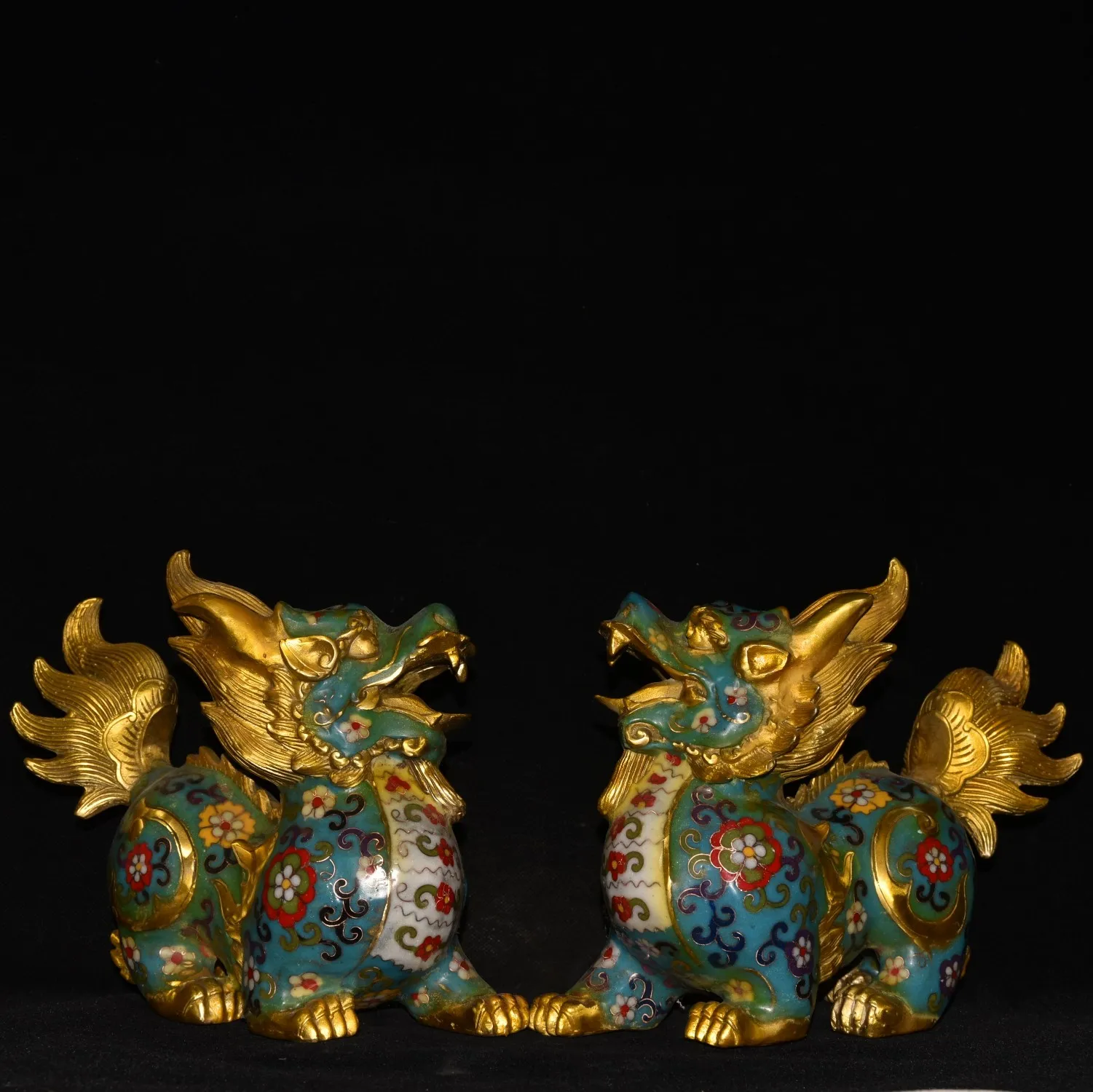 

9"Tibetan Temple Collection Old Bronze Cloisonne Enamel kylin Unicorn A pair Amass wealth Ornaments Town house Exorcism