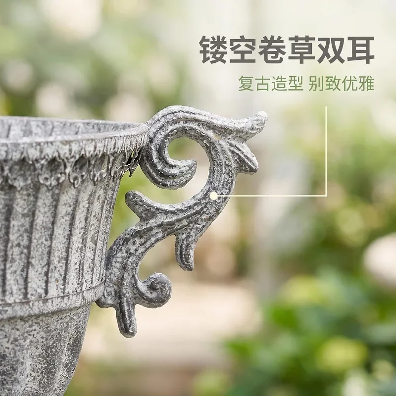 DSA French manor retro gray metal flower pot binaural vertical pattern high foot flower ware courtyard landscaping floral