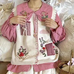 Women Winter Vintage Kawaii Embroidery Sweater Vest Sweet Cute Mori Girl Retro Chic Cottagecore Harajuku Lolita Knitted Vest