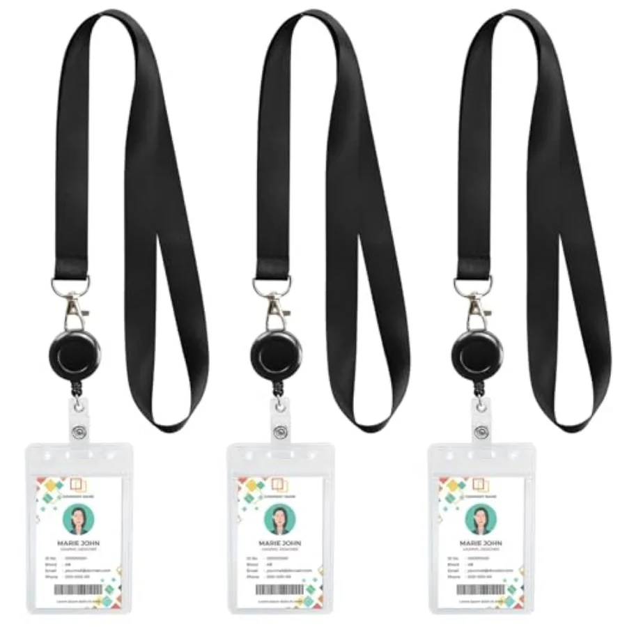 

3 Pack Black Lanyard Retractable Badge Reels with Vertical ID Badge Holder for Teachers, Students, Office Workers