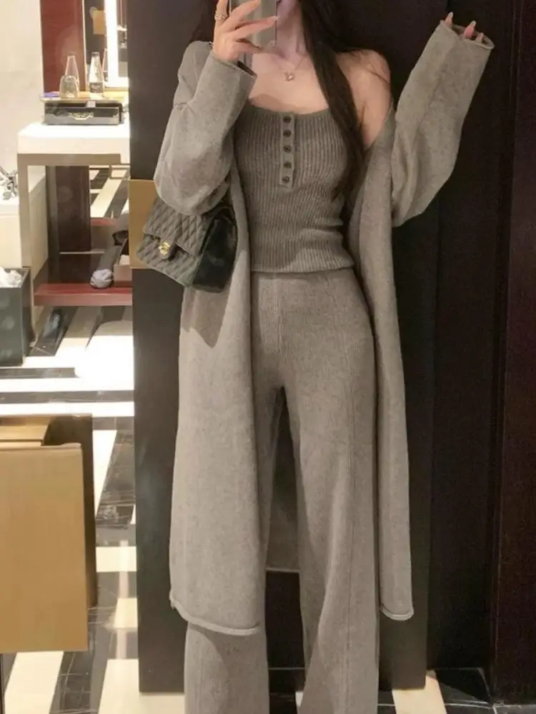 Autumn Winter Women Three Piece Suit Solid Long Sleeve Cardigan Coat And Knitted Vest Tops + High Waist Wide Leg Pant Sets 2024