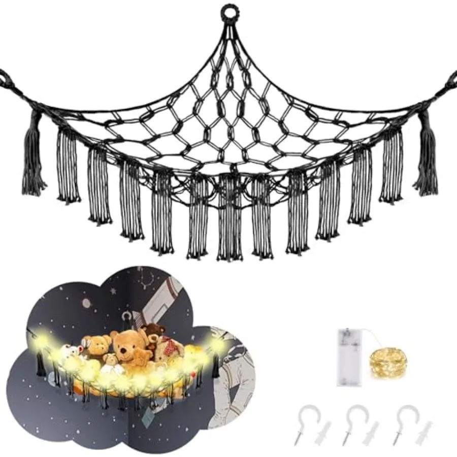 

Stuffed Animal Hammock with LED Light, Large Stuffed Animals Storage Corner Plushie Net for Room Decor, Jumbo