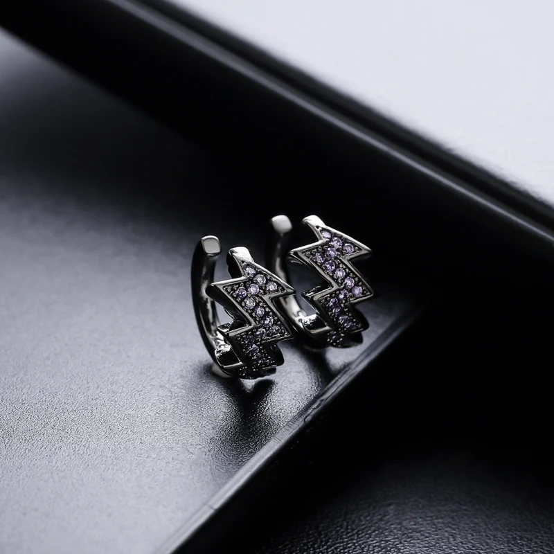 Full Zircon Lightning Ear Clip Men's Trendy Irregular Electrocardiogram Earrings Simple Cool Personality Black Gold Earring