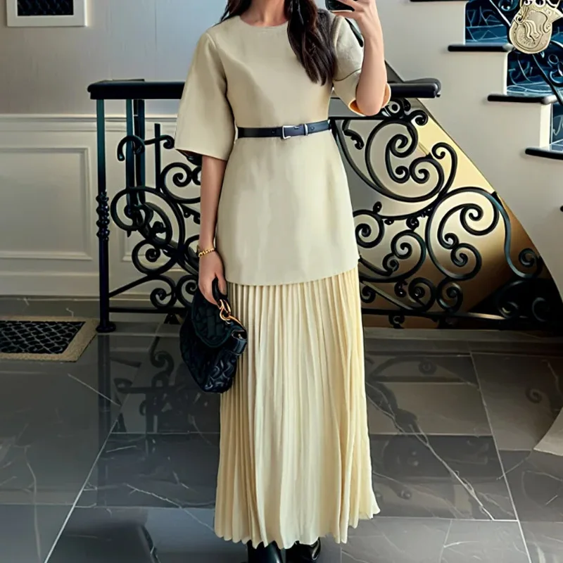 

TOY-2025Spring New Round Neck Short Sleeve Fashion Solid Color Pleated Patchwork Elegant Dress
