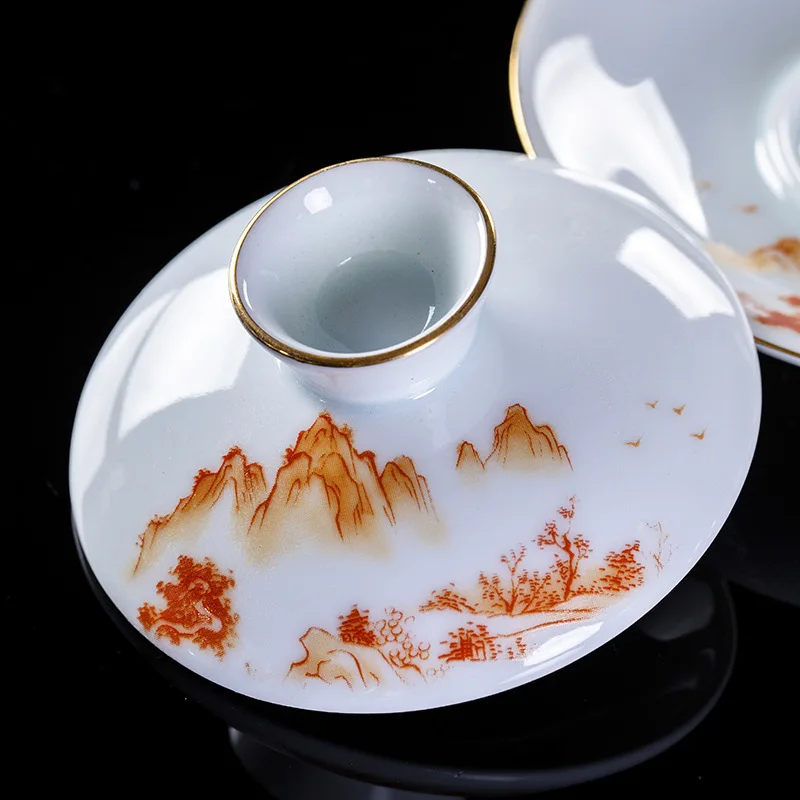 High-end Landscape Tracing Gold Shadow Green Cover Bowl Teacup Dehua Ceramic Sancai Cover Bowl Tea Bowl Cover Bowl