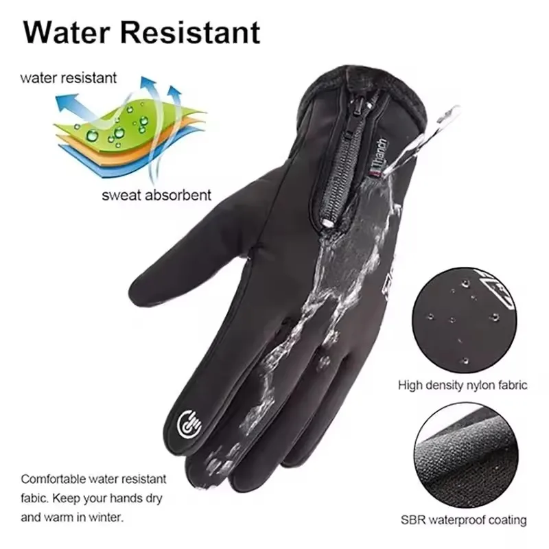 Winter Fleece Cycling Gloves with Zipper Touch Screen Compatible Anti-slip Warm Outdoor Sports Gloves for Cycling
