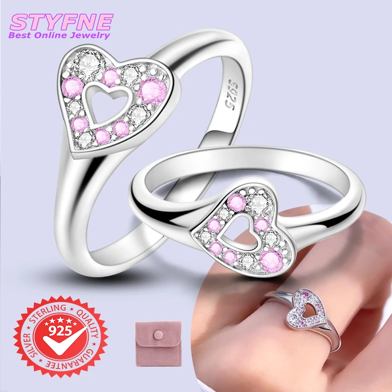 Women 925 Sterling Silver Heart Pink White Zircon Rings Jewelry Anniversary Birthday Fashion Gifts for Mother Wife Girls