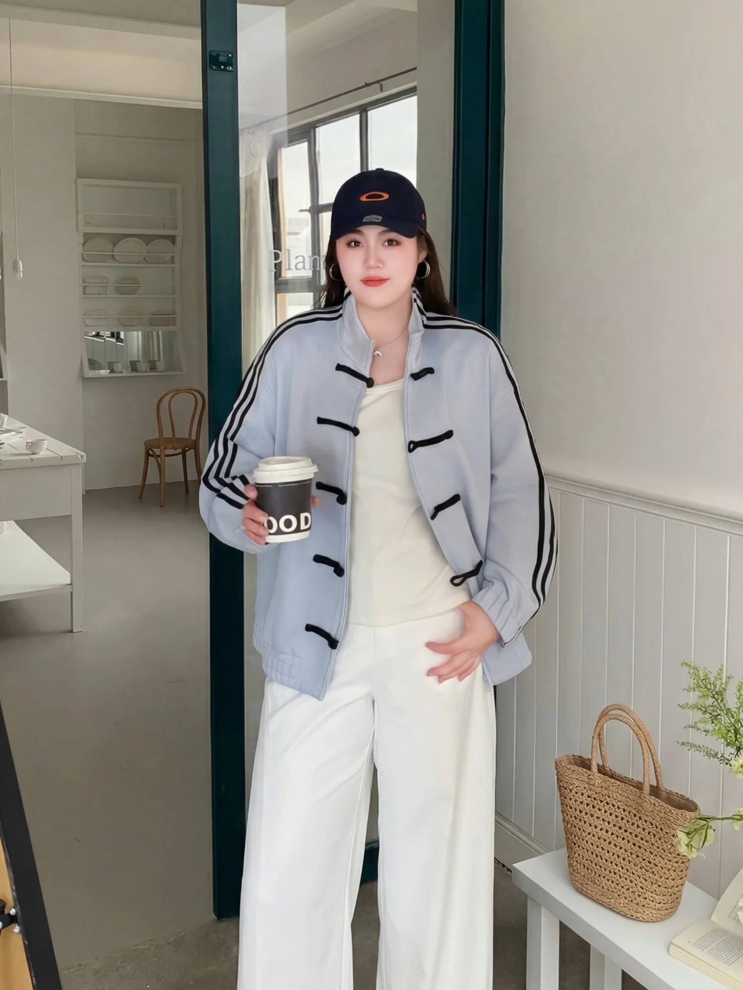 

Casual Sporty Style Large Size Women's Jacket Spring Season Stand Collar Button up Long Sleeve Cotton Polyester Blend