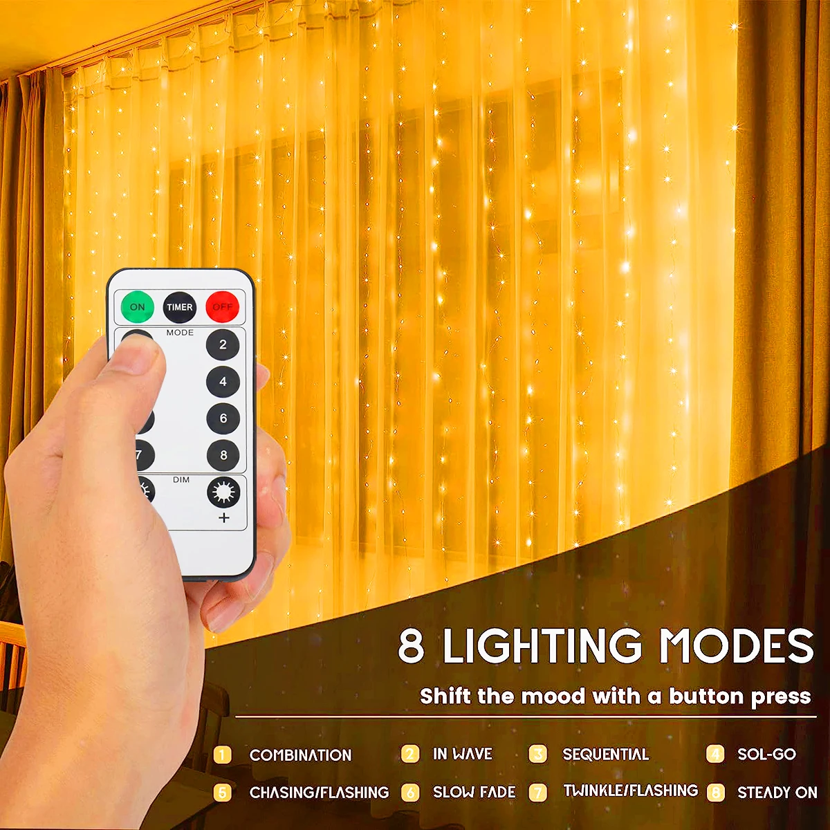 300LED Warm White Curtain Lights USB Powered Fairy Curtain Light String Remote Control 8-Mode Garlands Wedding Party Decoration