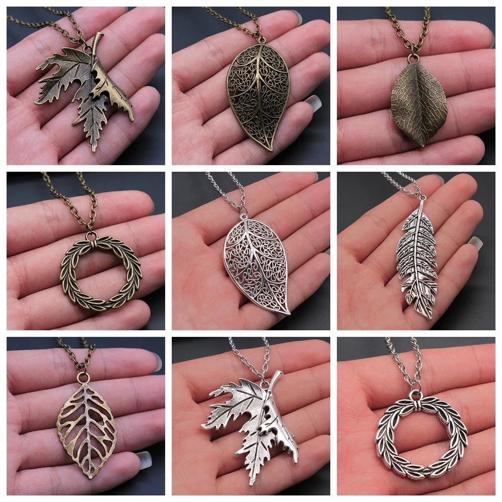 Collier pendentif en métal pour femme, long, bronze antique, document argenté, cuir chevelu et branche, feuilles d'arbre
