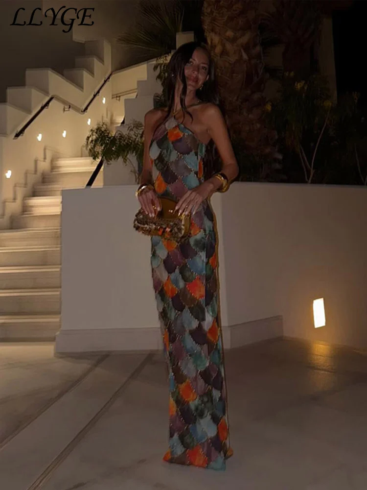 Sexy Print Long Halter Dress Women Sleeveless Backless Hip Package Female Party Dresses 2025 Spring Summer Lady Shiny Robes New image 5