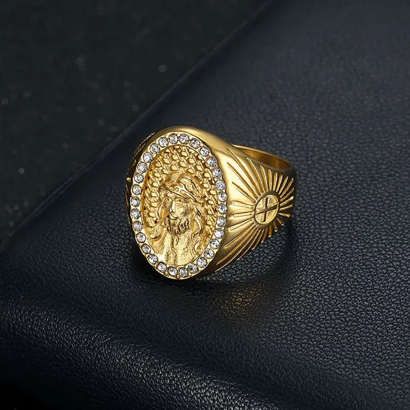 Stainless Steel Titanium Hip Hop Bling Christian God Jesus Luxury Ring for Men Women Couple Boyfriend Gift Fashion Jewel