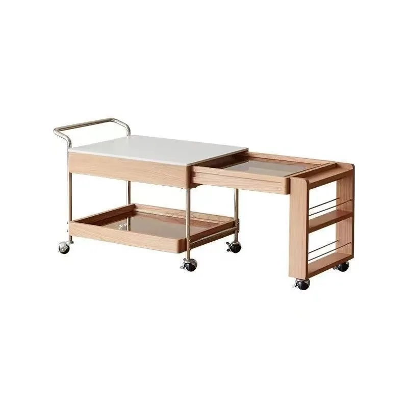 Mobile coffee table Japanese sofa living room retractable glass desktop solid wood household trolley tea table small apartment