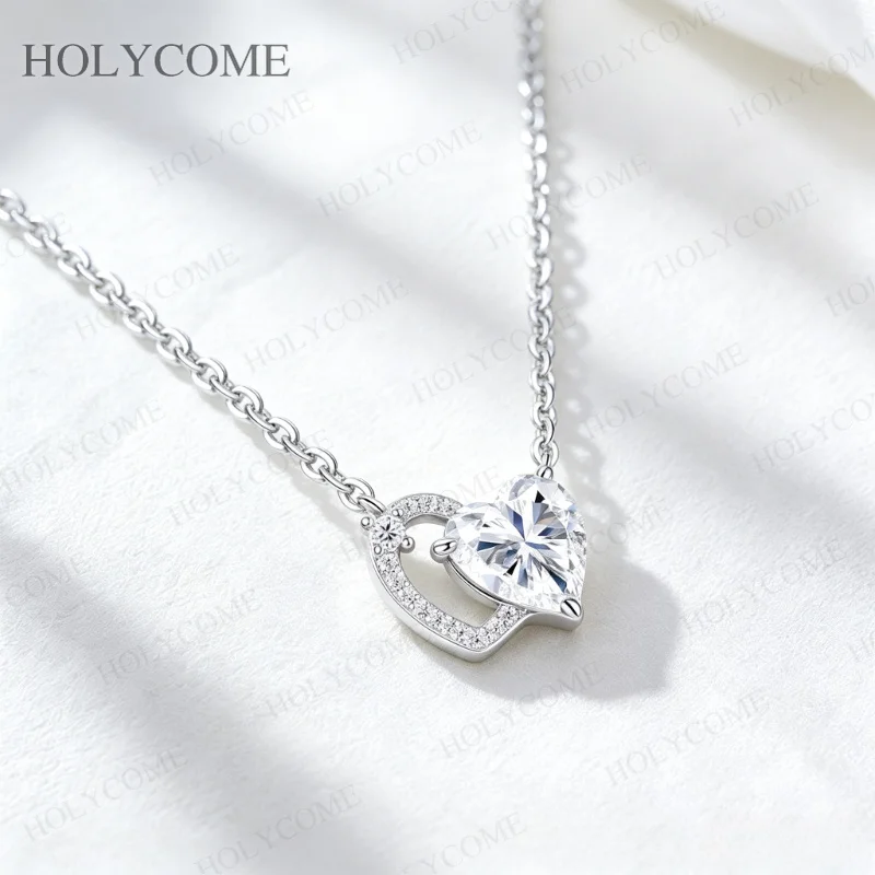 2CT Herzschliff Moissanit-Anhänger Halskette S925 Sterling Silber Platinbeschichtet Doppelherz D-Farbe VVS1 für Damen Feiner Schmuck – Detail 7