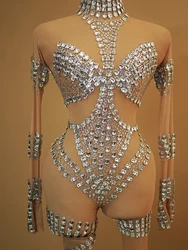 Sexy Transparent Mesh Drag Queen Sing Dance Wear Shining Rhinestones Party Nightbar Bodysuit Stage Performance Jumpsuit Costume