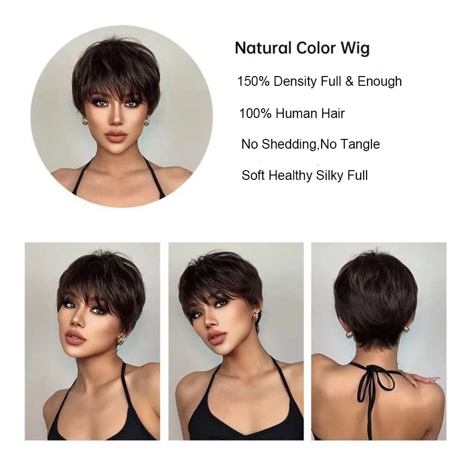 Pixie Cut Wigs Human Hair Wigs For Women Full Machine Made Human Hair Wigs Brazilian Remy Hair Wigs With Bang Short Bob Wigs